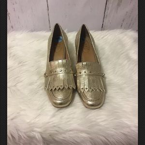 New Franco Sarto Lauryn Block Gold Heel FringeShoe